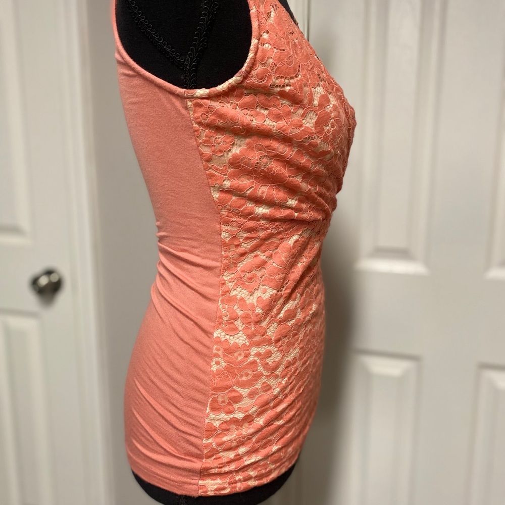 Coral V Neck Floral Lace Blouse - Picture 8 of 9